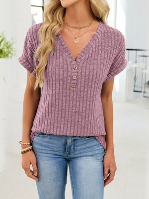 Ribbed knit v-neck t-shirt in burgundy with button detail and short sleeves.