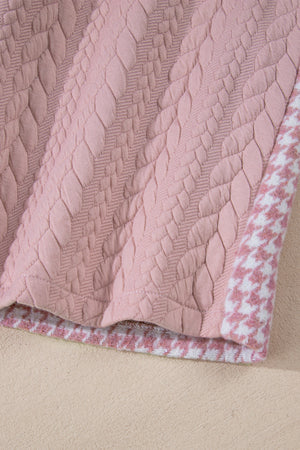 Dusty pink quilted shacket with houndstooth trim detail