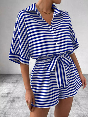 Striped Button Front Half Sleeve Romper in Dark Blue, fabric detail