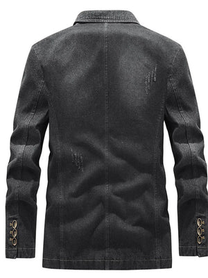Men's black denim blazer with distressed details and button cuffs.