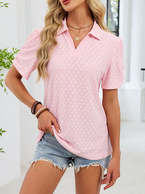 Pink eyelet ruched short sleeve blouse with collar and v-neck