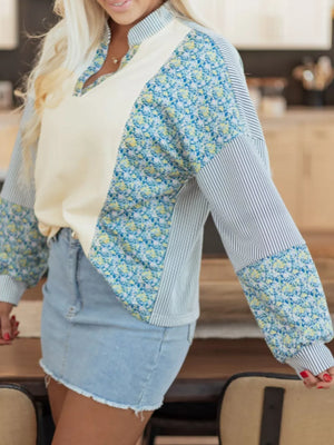 Floral Striped Drop Sleeve Collared Sweatshirt in Cream, editorial view
