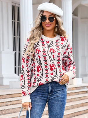 Crewneck sweater with red floral tapestry pattern, acrylic knit, long sleeves, crew neck.