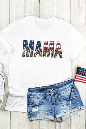 White cotton blend graphic tee with patriotic Mama print and leopard accents.