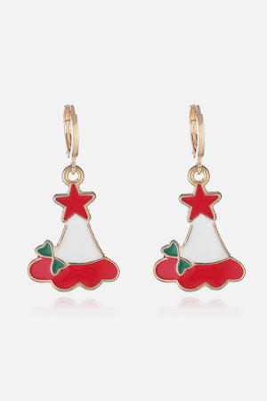 Festive Santa charm hoop earrings with red stars and bows, white and red enamel, alloy.