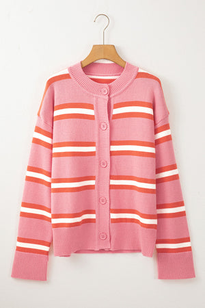 Pink striped knit cardigan with button front and crew neck.