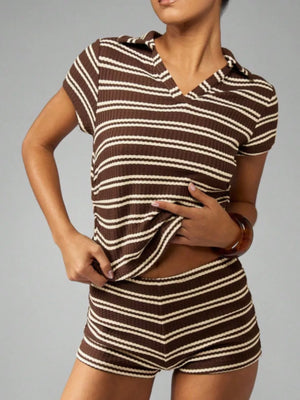 Chic striped knit two-piece set in Coffee Stripes with collared short sleeve top and shorts.