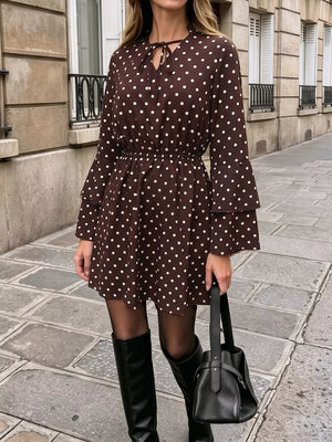 Polka Dot Flare Sleeve Tie Neck Dress in Coffee Brown, side view