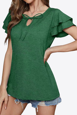 Forest green blouse with tiered flutter sleeves and a tie-neck keyhole detail.