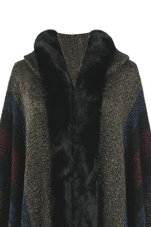 Textured stripe poncho with faux fur trim and hood detail