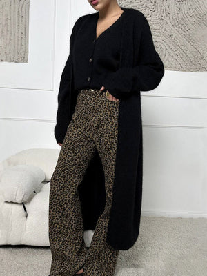 Black acrylic maxi cardigan with balloon sleeves and button front