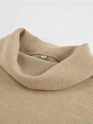 Beige ribbed cowl-neck turtleneck top with a relaxed fit.