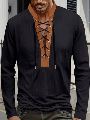 Men's Vintage Lace-up Long Sleeve Henley Plus Size, front view