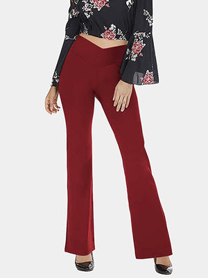 Wine V-waist flare leg leggings with a high rise and bootcut hem.