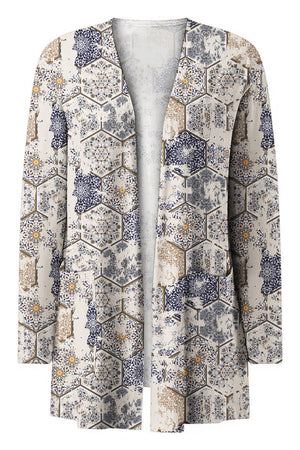 Open-front duster cardigan in beige with a mosaic tile print and pockets.