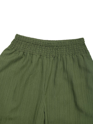 Moss green textured palazzo trousers with elastic waist