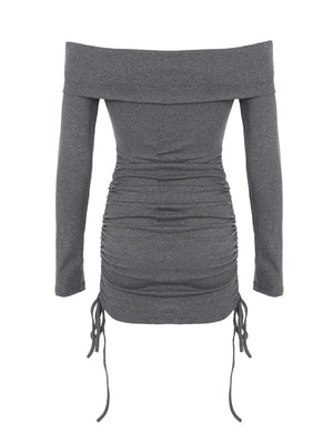 Grey ruched bodycon mini dress with off-the-shoulder neckline and adjustable drawstring hem.