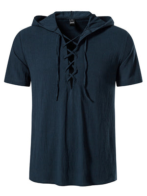 Navy short sleeve hooded top with lace-up neckline