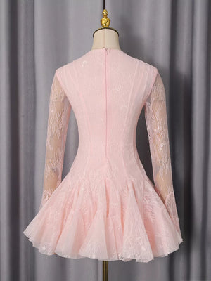 Lace Flare Sleeve Mini Dress in Pink, model styling view