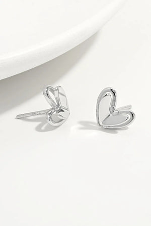 Silver open heart stud earrings with delicate double outline detail.