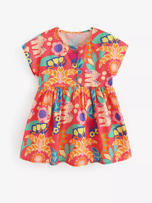 Toddler button-down dress with vibrant floral print and short sleeves.