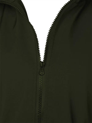 Military green waterproof hooded zip-up jacket with black zipper detail.