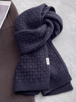 Luxurious dual knit wool scarf in Royal Blue with basketweave texture and ribbed trim.