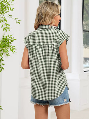 Plaid Button Up Cap Sleeve Shirt, fabric detail