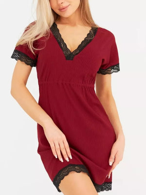 Ribbed Lace-trim V-neck Mini Dress Plus Size in Apricot, fabric detail
