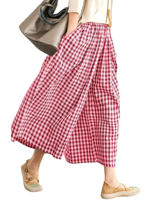 Rose red gingham check maternity pants with wide legs and pockets.