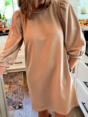 Braided puff sleeve dress in khaki, casual, comfortable fit for women.