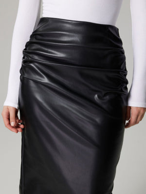 Black faux leather midi skirt with ruched detail