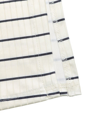 Sleeveless ribbed knit midi dress in cream with navy stripes, form-fitting.