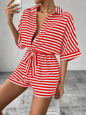 Red and white striped shirt romper with self-tie belt and button front.