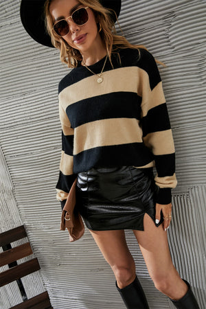 Bold Stripe Relaxed Knit Jumper in Apricot/Black acrylic blend with crew neck and long sleeves.