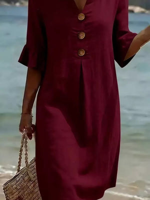 Button Decor Ruffle Sleeve Midi Dress Plus Size, product detail