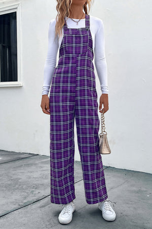 Vivid Violet plaid wide-leg overalls with button straps and a relaxed fit.
