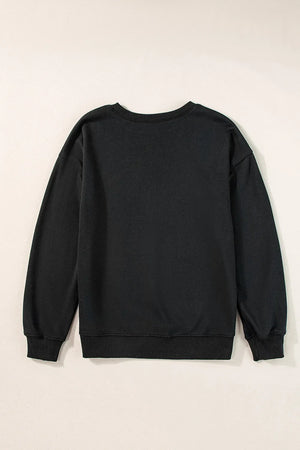 Black crewneck sweatshirt with ribbed cuffs and hem.