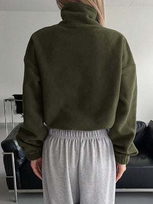 Olive fleece cropped jacket with funnel neck and cuffed sleeves