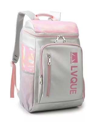 Gray waterproof sports backpack with pink iridescent accents and logo.