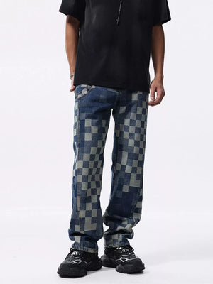 Checkerboard pattern relaxed fit jeans in blue denim with a contemporary checkered design.
