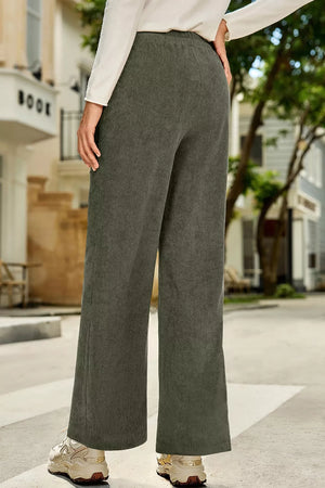 Drawstring Corduroy Wide Leg Pants in Army Green, model styling view