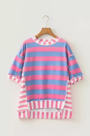 Oversized striped maternity overshirt with patchwork details and a checkered neckline.