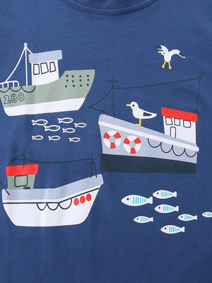 Toddler t-shirt with boat and fish print, 100% cotton, crew neck.