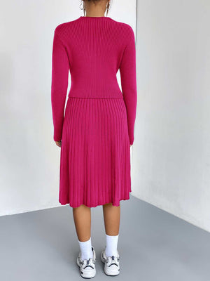 Hot Pink ribbed knit fit-and-flare co-ord set with a long sleeve top and A-line skirt.