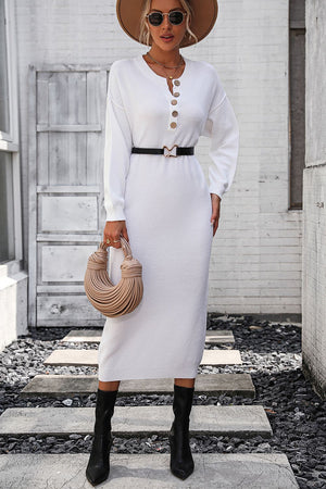 White textured knit henley midi dress with button detail and long sleeves