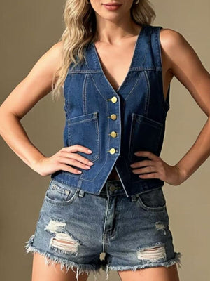 Plus size dark blue denim button-down vest with brass buttons and pockets