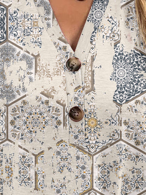 Bohemian tapestry henley blouse with button detail and geometric pattern