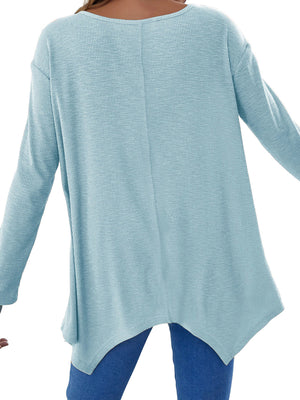 Pastel blue ribbed knit tunic with asymmetric hem and long sleeves