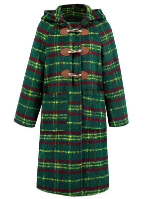 Green tartan hooded coat with toggle fastenings and leather trim.